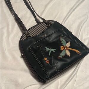 Chala Black Shoulder Bag with Teal & Tan Dragonfly Appliqué